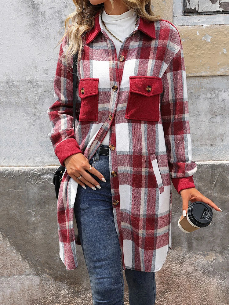 Women's Plus Size Long Flannel Plaid Shacket Jacket