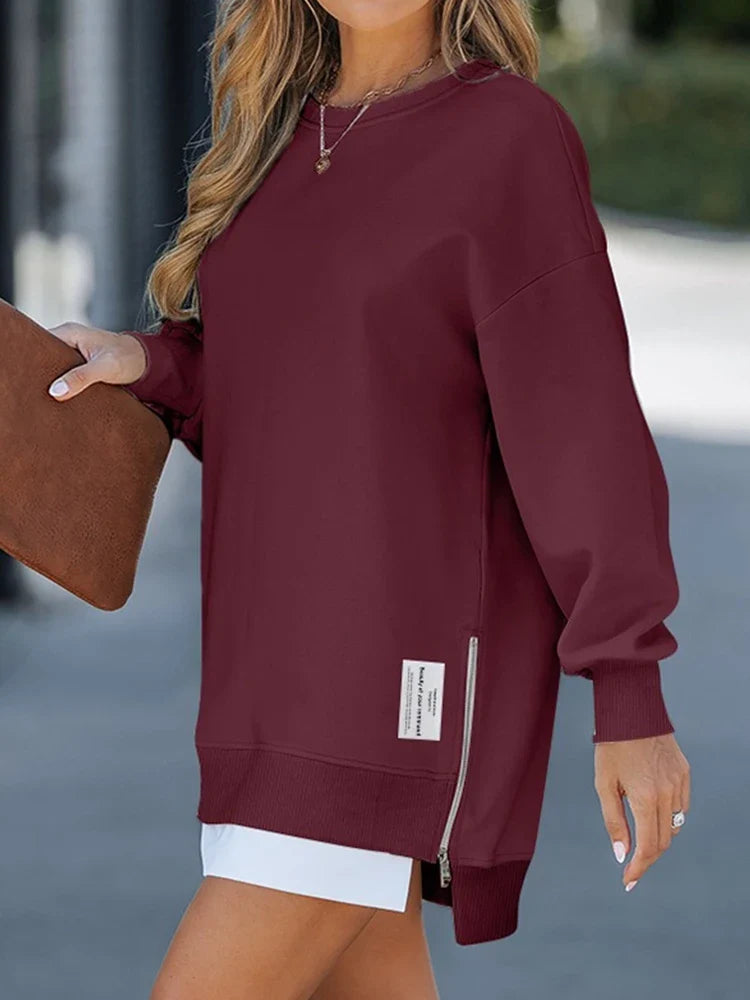 Long Sleeve Drop Shoulder Pullover Casual Zipper Side Slit Top