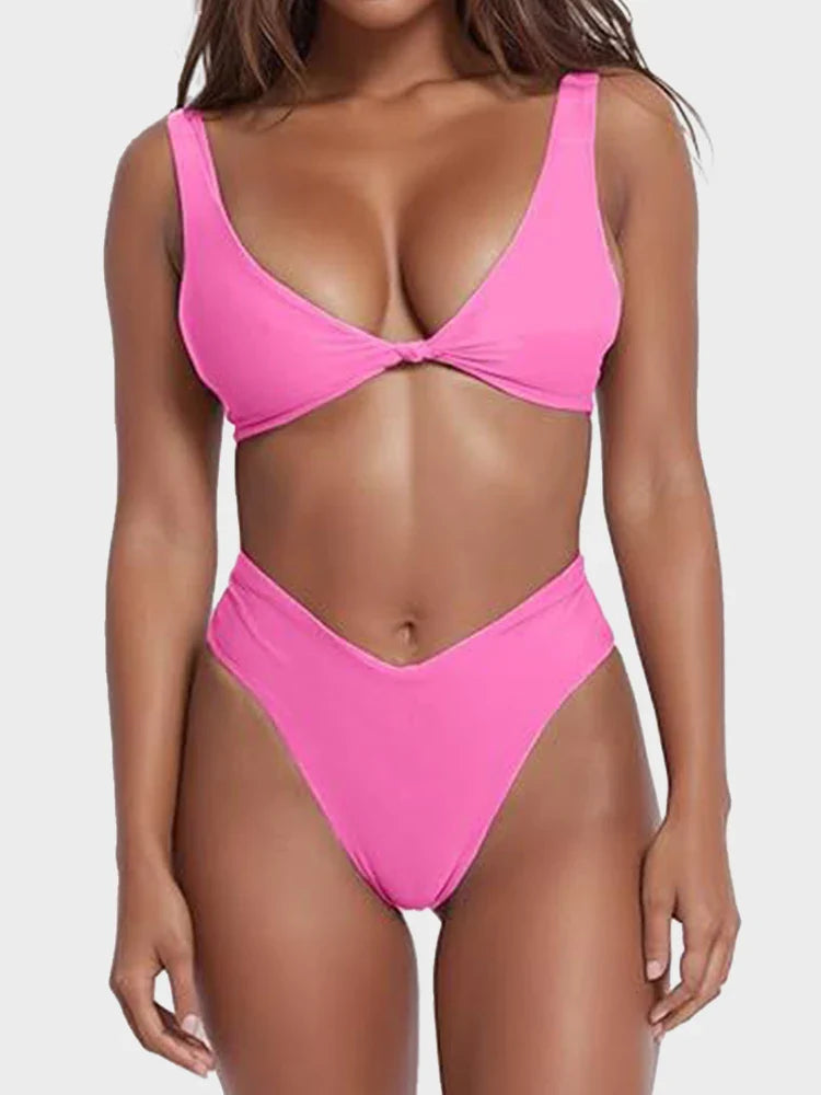Bikini Set for Women Solid V Neck Knot Front Push Up High Leg Thong Two Piece Swimsuit