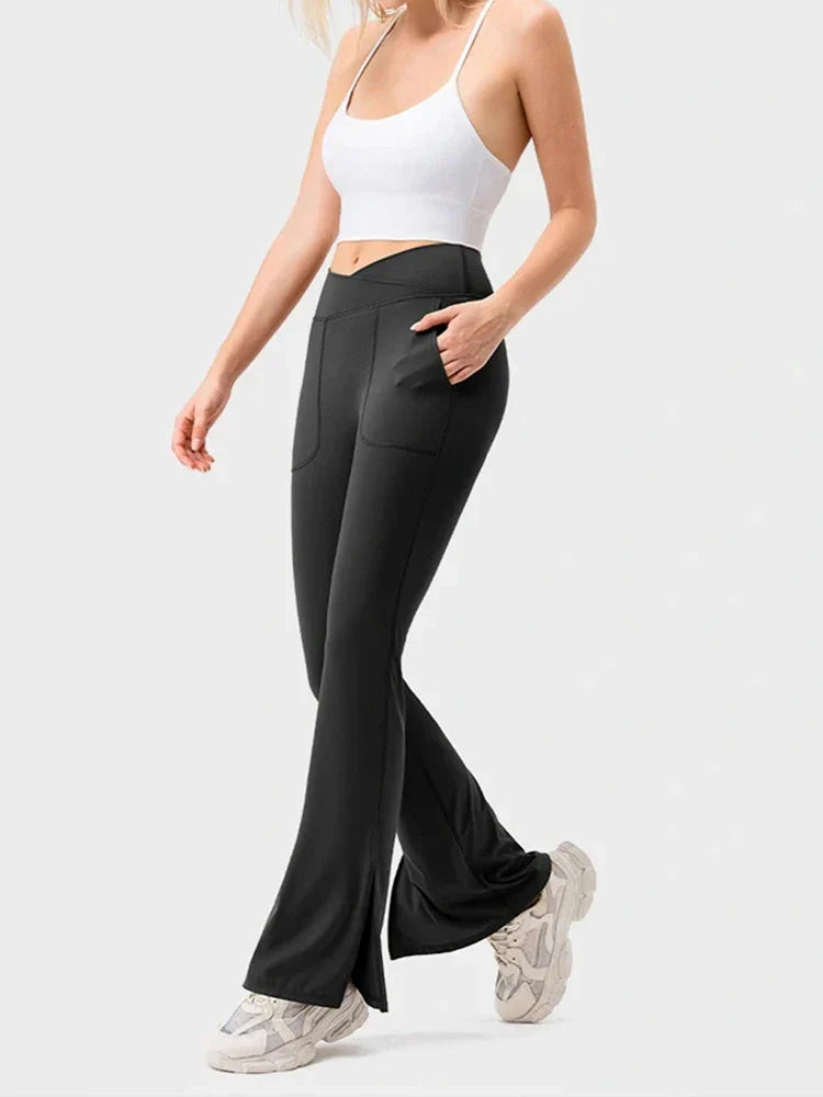 Womens Flare Leggings with Slit Hem High Waist Bootcut Yoga Pants Workout Tummy Control Flared