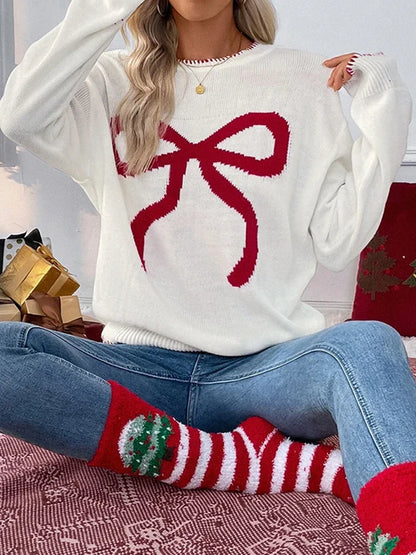 Women's Bow Print Drop Shoulder  Sweater