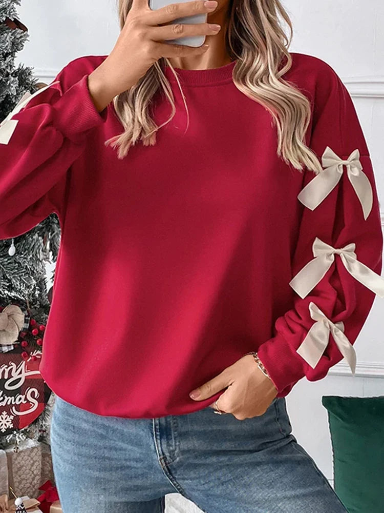 Women's round neck Christmas Sweatshirts with bow