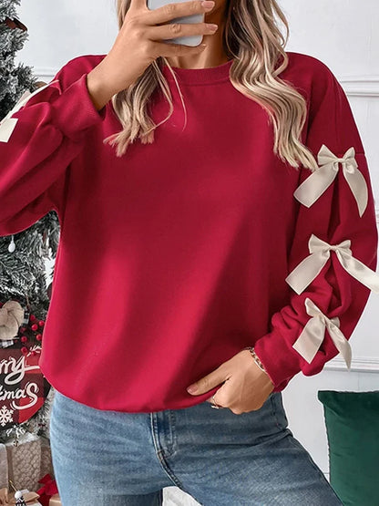 Women's round neck Christmas Sweatshirts with bow