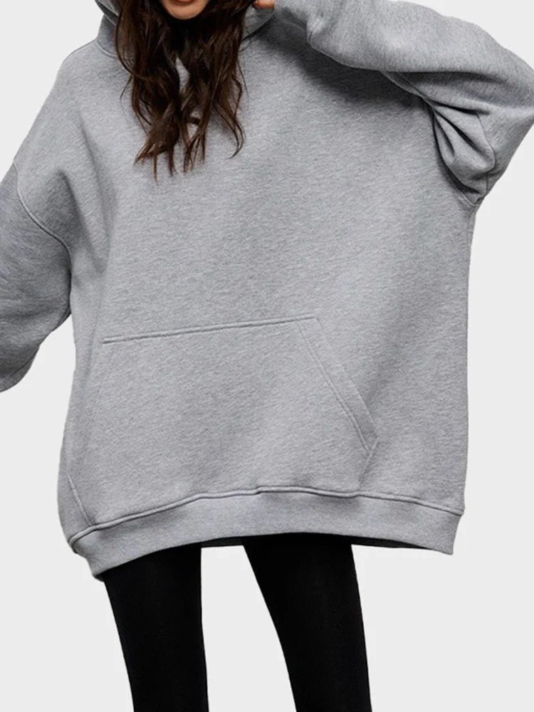 Women Cotton Oversized Sweatshirts Autumn Thick Warm Fleece Loose Solid Pullover Hoodies