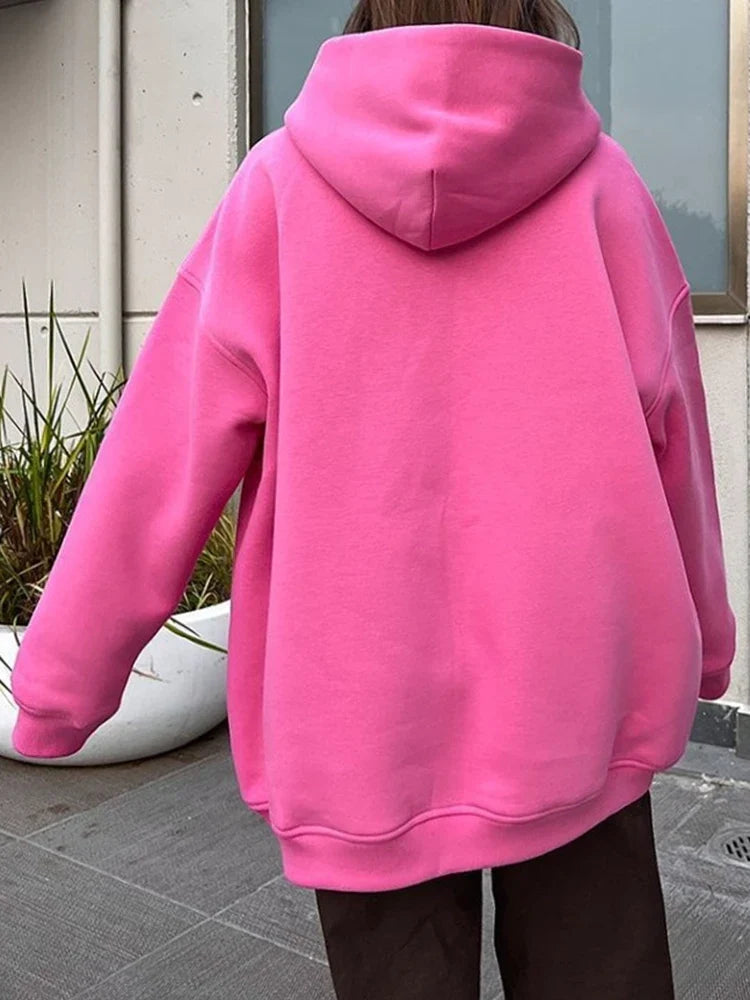 Women Cotton Oversized Sweatshirts Autumn Thick Warm Fleece Loose Solid Pullover Hoodies