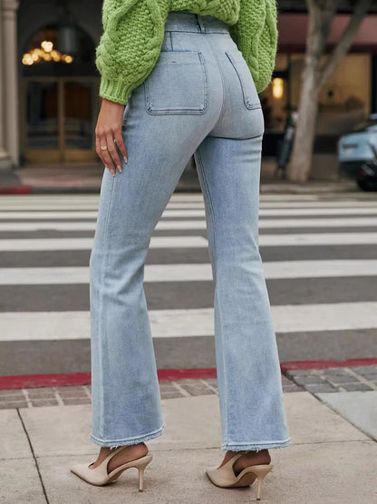 Mid-Waist Double-Button Washed Flared Jeans