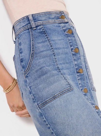 High-Waisted Stretch Denim Skirt with Multi-Button Washed Design