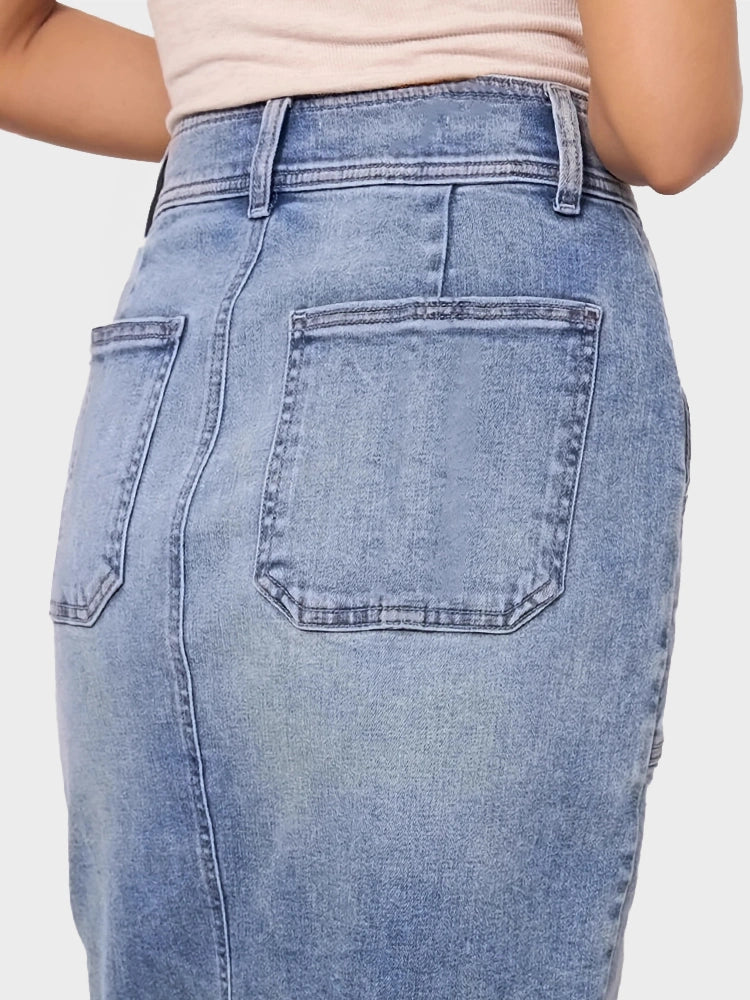 High-Waisted Stretch Denim Skirt with Multi-Button Washed Design