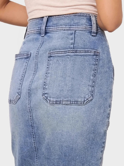 High-Waisted Stretch Denim Skirt with Multi-Button Washed Design