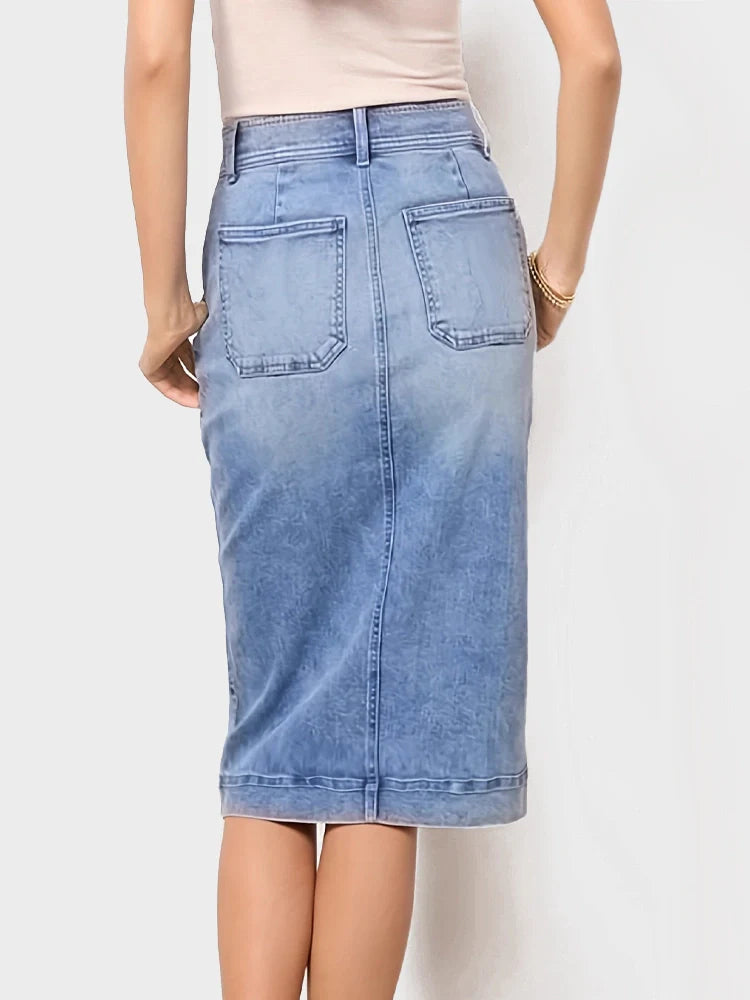 High-Waisted Stretch Denim Skirt with Multi-Button Washed Design