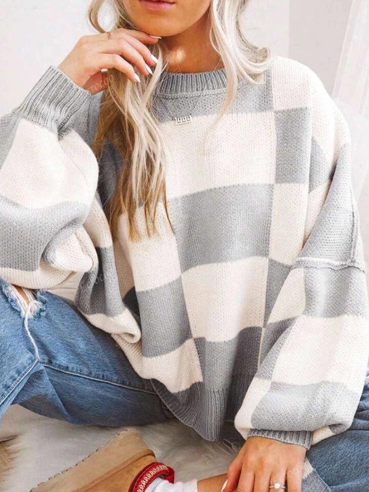 Womens Crew Neck Long Sleeve Plaid Ribbed Knit Loose Pullover Sweater  Tops