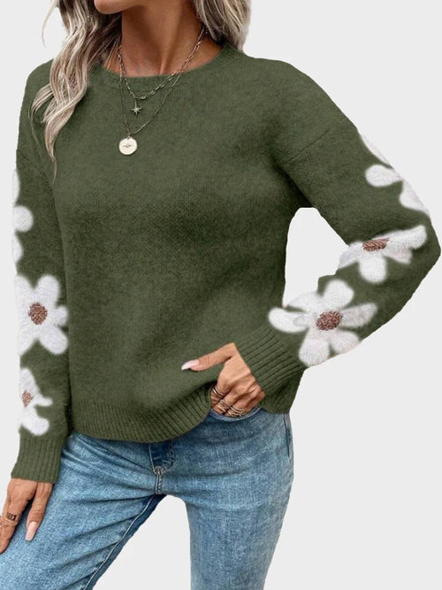 Women's Floral Crew Neck Long Sleeve Casual Loose Sweater Knit