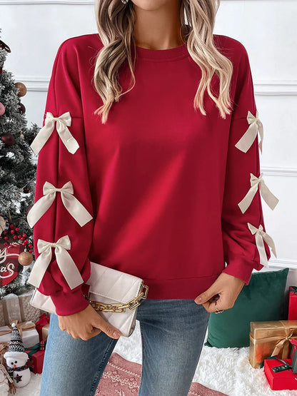 Women's round neck Christmas Sweatshirts with bow