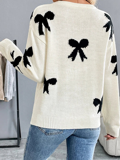 Women's Bow Print Sweaters round neck Lightweight Sweater Pullovers Knit Top