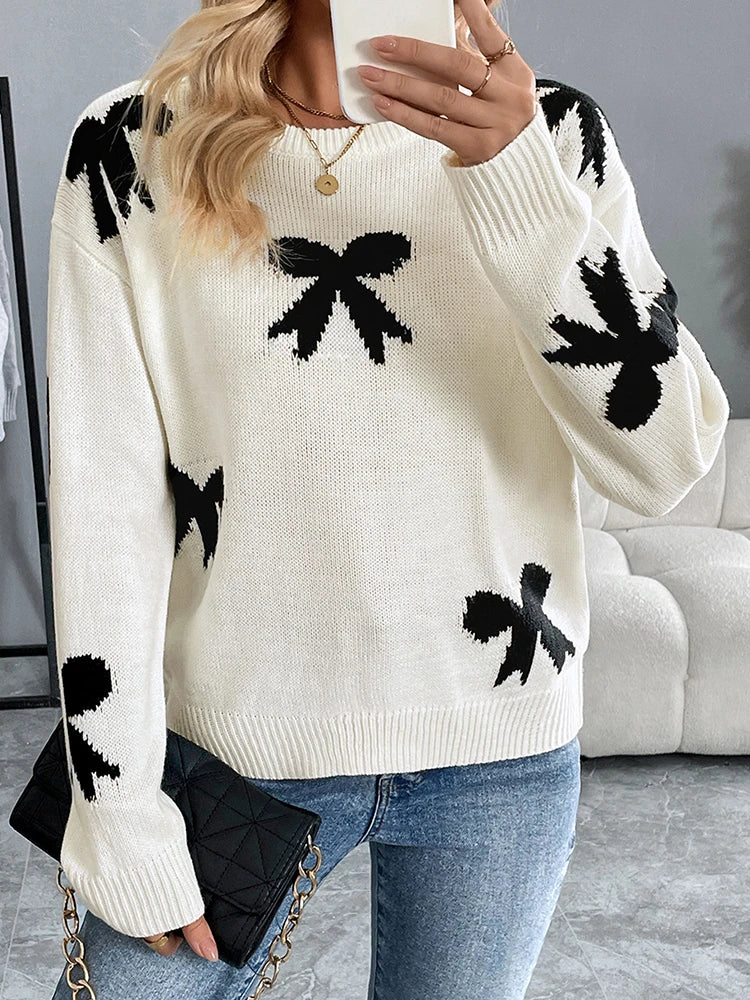 Women's Bow Print Sweaters round neck Lightweight Sweater Pullovers Knit Top