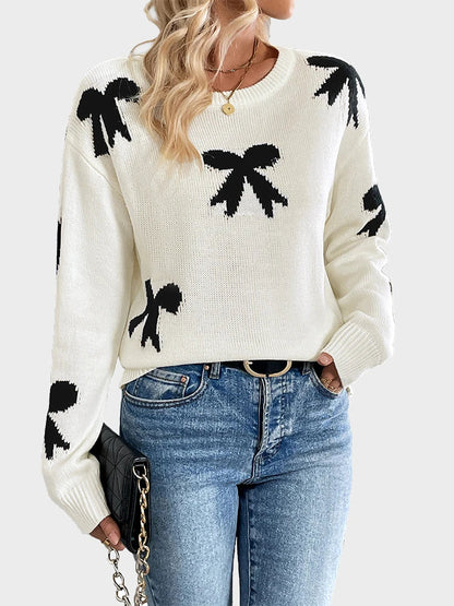 Women's Bow Print Sweaters round neck Lightweight Sweater Pullovers Knit Top