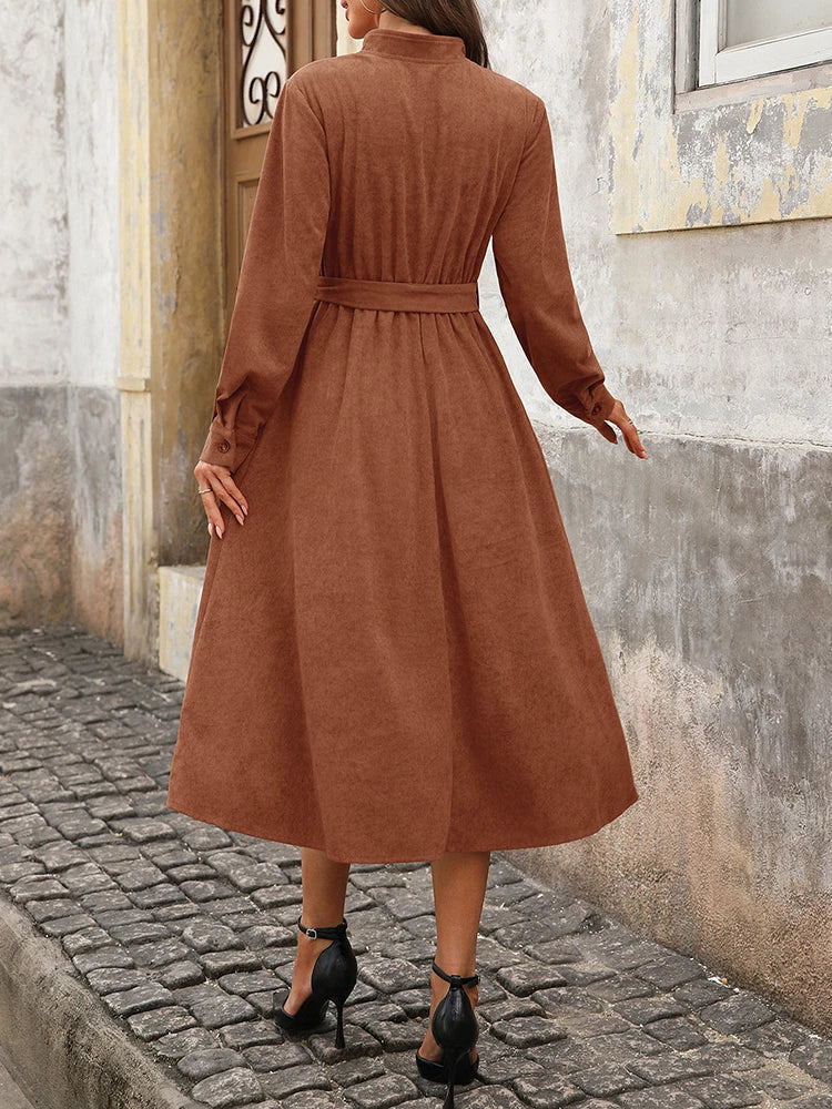 Corduroy V-Neck Dress – Versatile Commuter Office Style