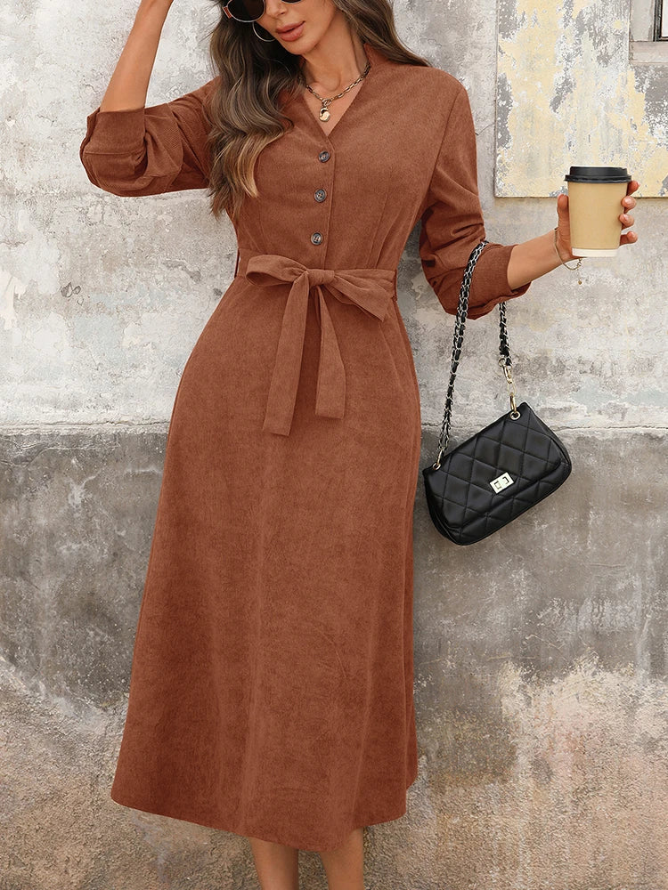 Corduroy V-Neck Dress – Versatile Commuter Office Style