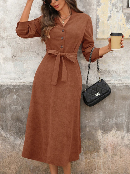 Corduroy V-Neck Dress – Versatile Commuter Office Style