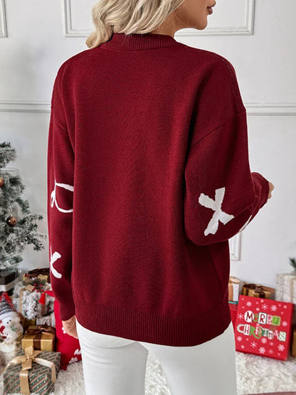 Women's Red Christmas Sweet Round Neck Bow Sweater