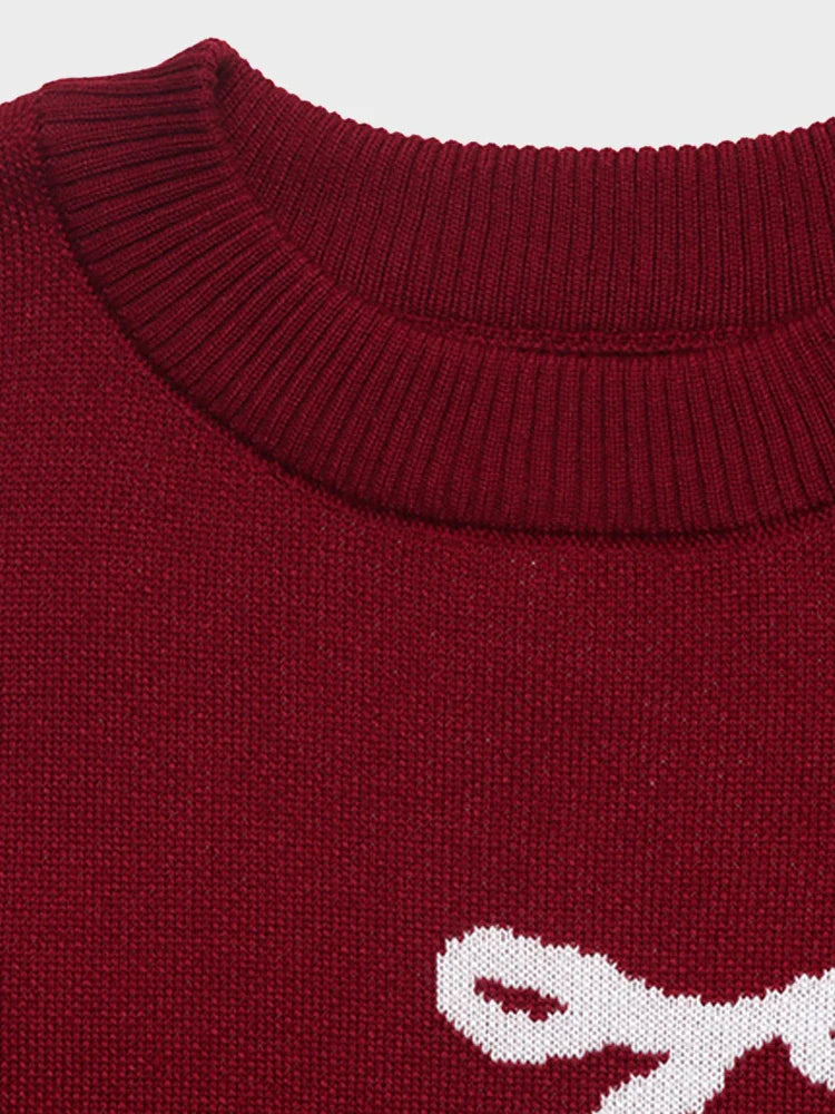 Women's Red Christmas Sweet Round Neck Bow Sweater