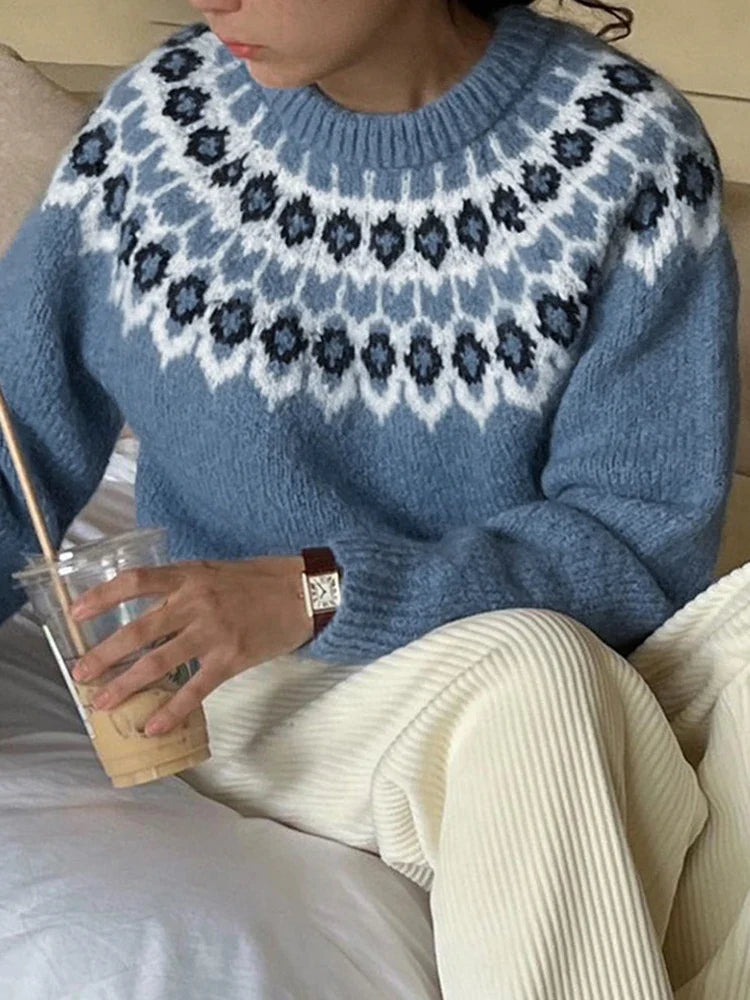 Women's ethnic style long-sleeved round neck Fair Isle sweater