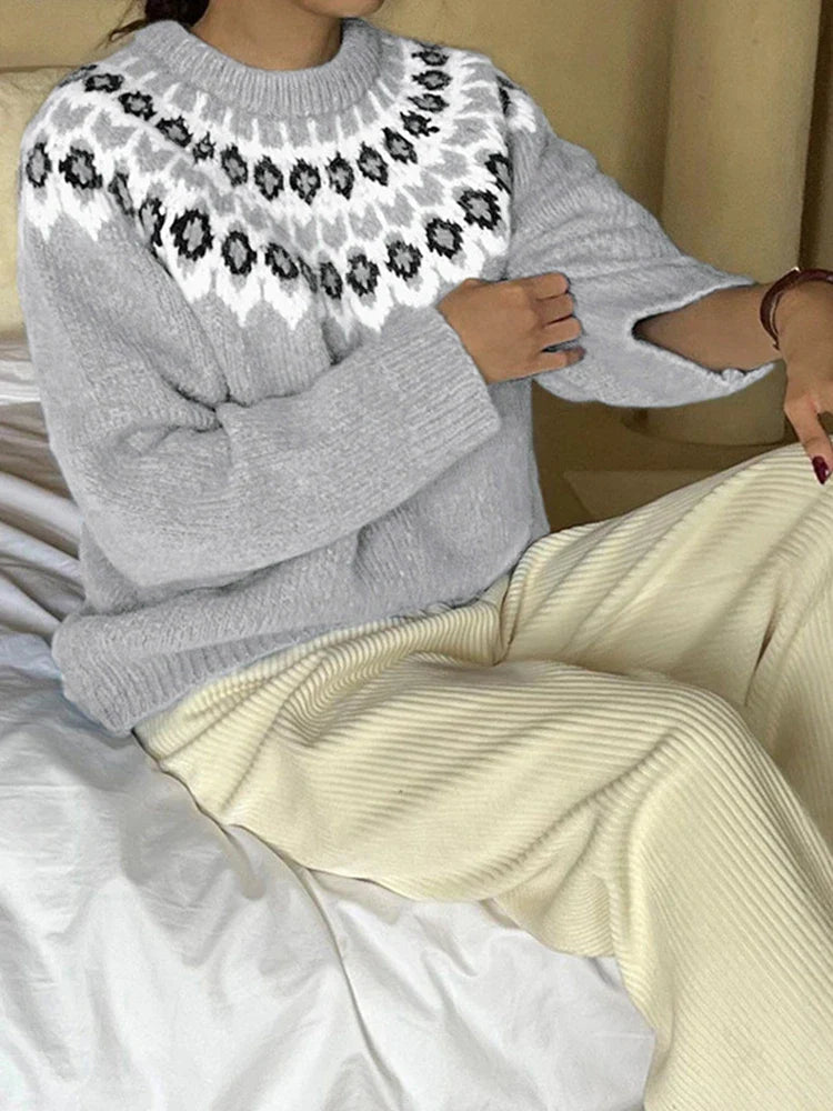 Women's ethnic style long-sleeved round neck Fair Isle sweater
