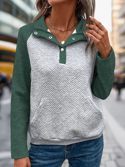 Womens  Sweatshirt Collared Polo Color Block Long Sleeve Pullover Tops with Pocket