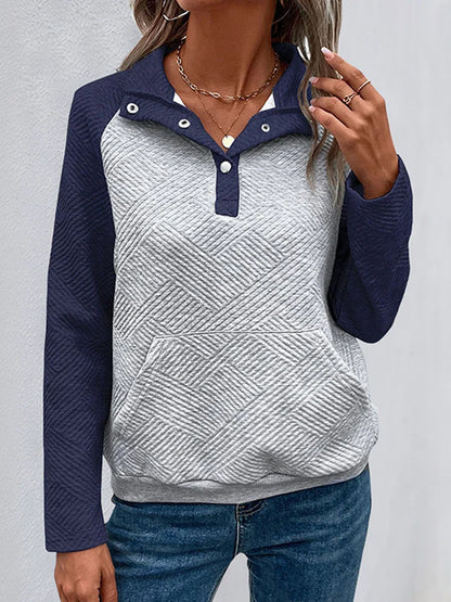 Womens  Sweatshirt Collared Polo Color Block Long Sleeve Pullover Tops with Pocket