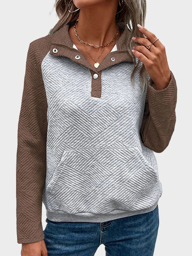 Womens  Sweatshirt Collared Polo Color Block Long Sleeve Pullover Tops with Pocket