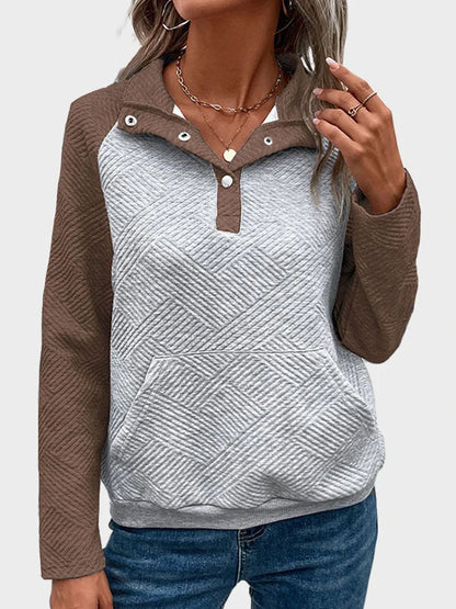 Womens  Sweatshirt Collared Polo Color Block Long Sleeve Pullover Tops with Pocket