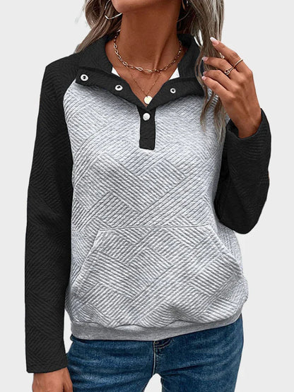 Womens  Sweatshirt Collared Polo Color Block Long Sleeve Pullover Tops with Pocket