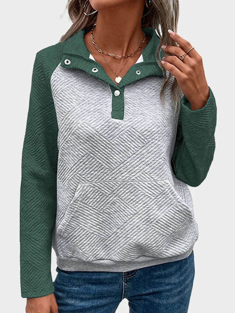 Womens  Sweatshirt Collared Polo Color Block Long Sleeve Pullover Tops with Pocket