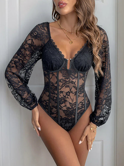 Women Deep V-Neck Embroidery Lace Bell Long Sleeves  Bodysuit