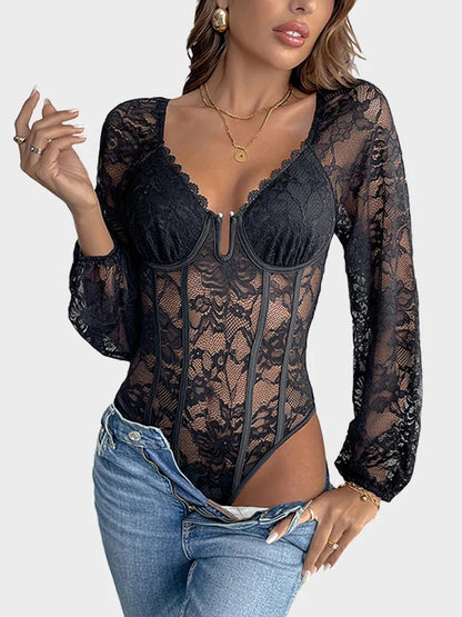 Women Deep V-Neck Embroidery Lace Bell Long Sleeves  Bodysuit