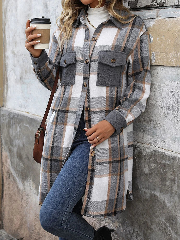 Women's Plus Size Long Flannel Plaid Shacket Jacket