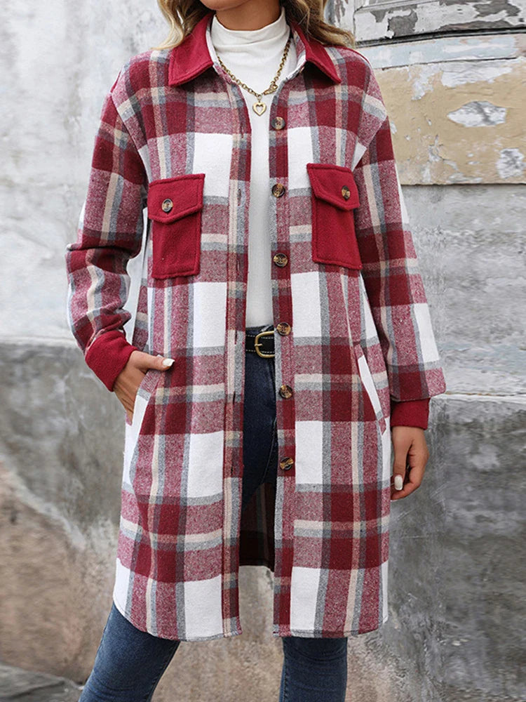 Women's Plus Size Long Flannel Plaid Shacket Jacket