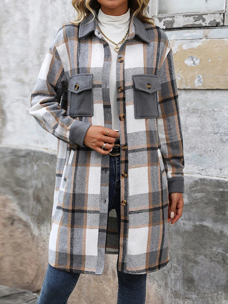 Women's Plus Size Long Flannel Plaid Shacket Jacket