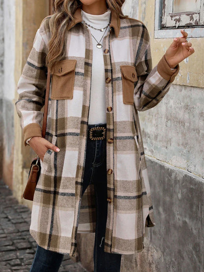 Women's Plus Size Long Flannel Plaid Shacket Jacket