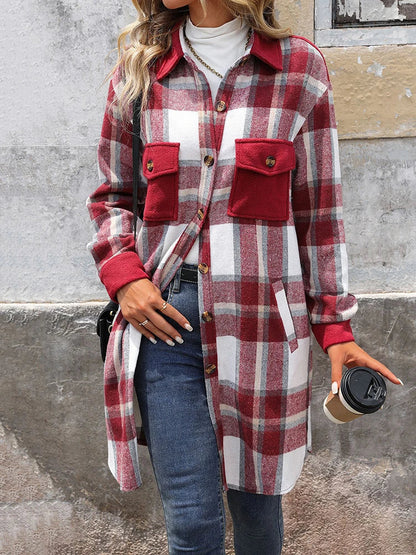 Women's Plus Size Long Flannel Plaid Shacket Jacket