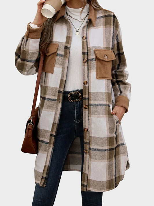 Women's Plus Size Long Flannel Plaid Shacket Jacket