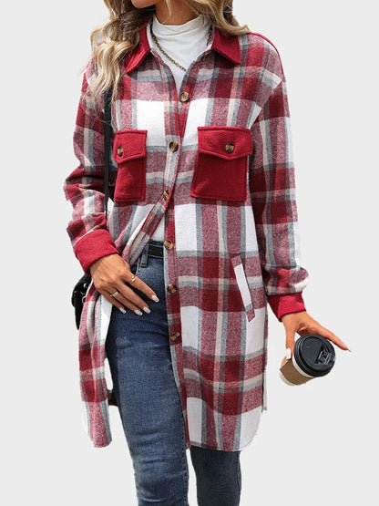 Women's Plus Size Long Flannel Plaid Shacket Jacket