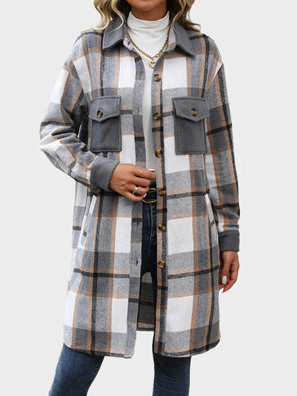 Women's Plus Size Long Flannel Plaid Shacket Jacket