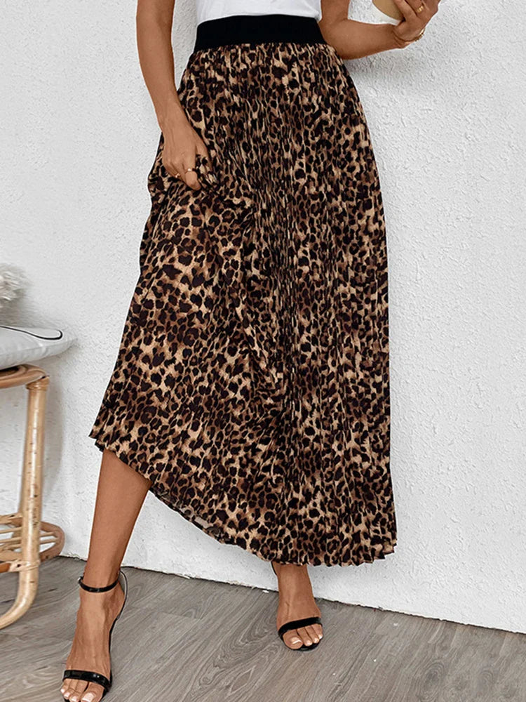 Womens Leopard Print Midi Long Shirring Pleated Skirts