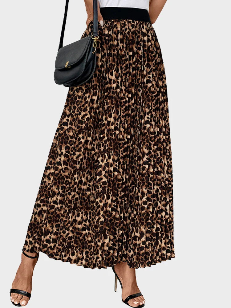 Womens Leopard Print Midi Long Shirring Pleated Skirts