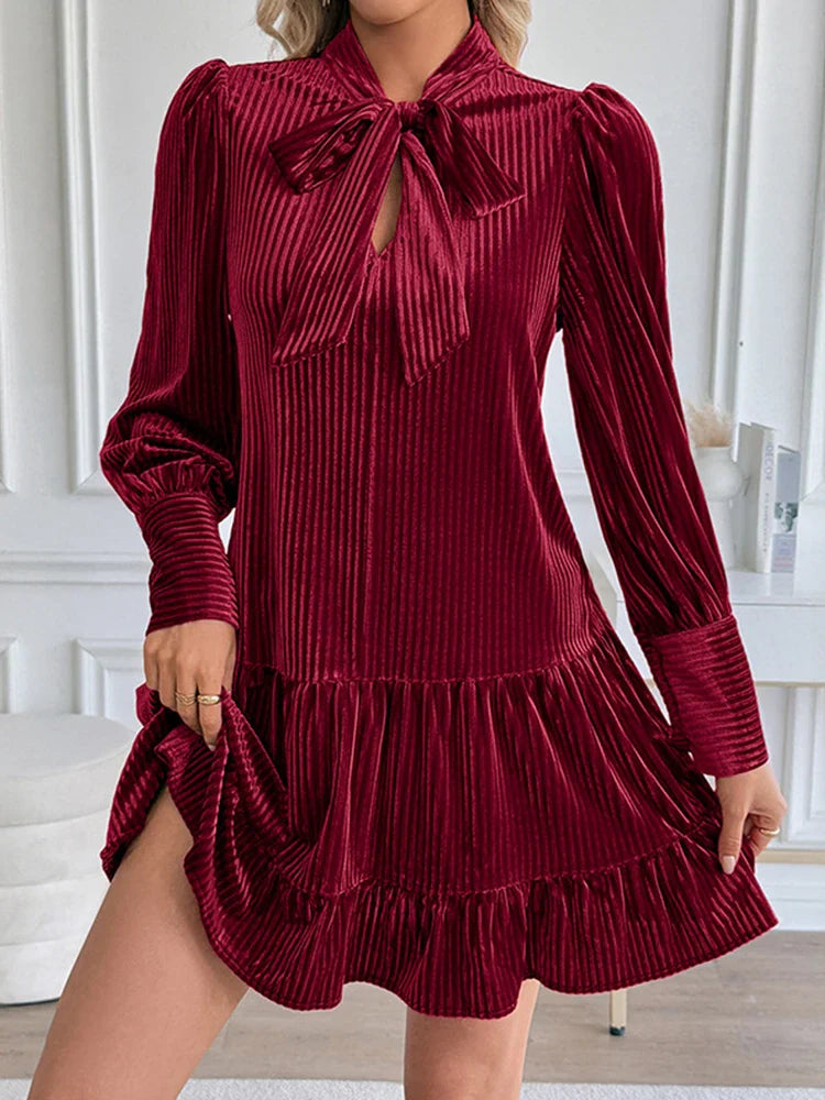 Women's Velvet Bow Tie Neck Long Sleeve Ruffle A-Line Mini Dress