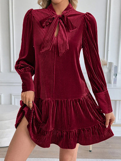 Women's Velvet Bow Tie Neck Long Sleeve Ruffle A-Line Mini Dress