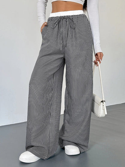 Women's Striped High Waist Wide Leg Pants Loose Color Block Straight Leg Suit Trousers