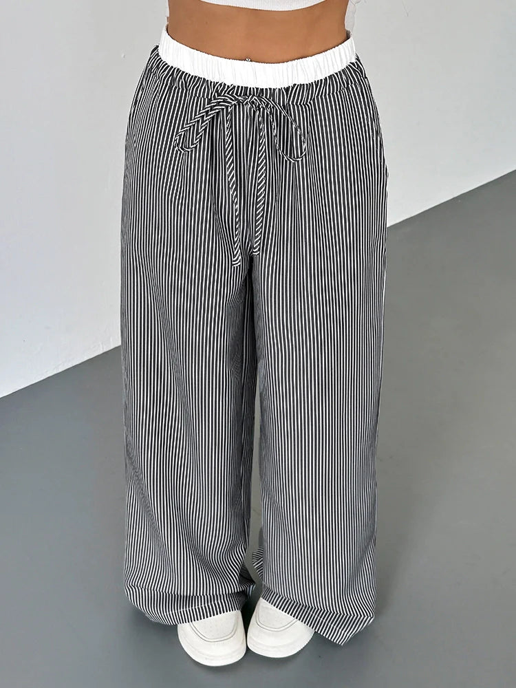 Women's Striped High Waist Wide Leg Pants Loose Color Block Straight Leg Suit Trousers