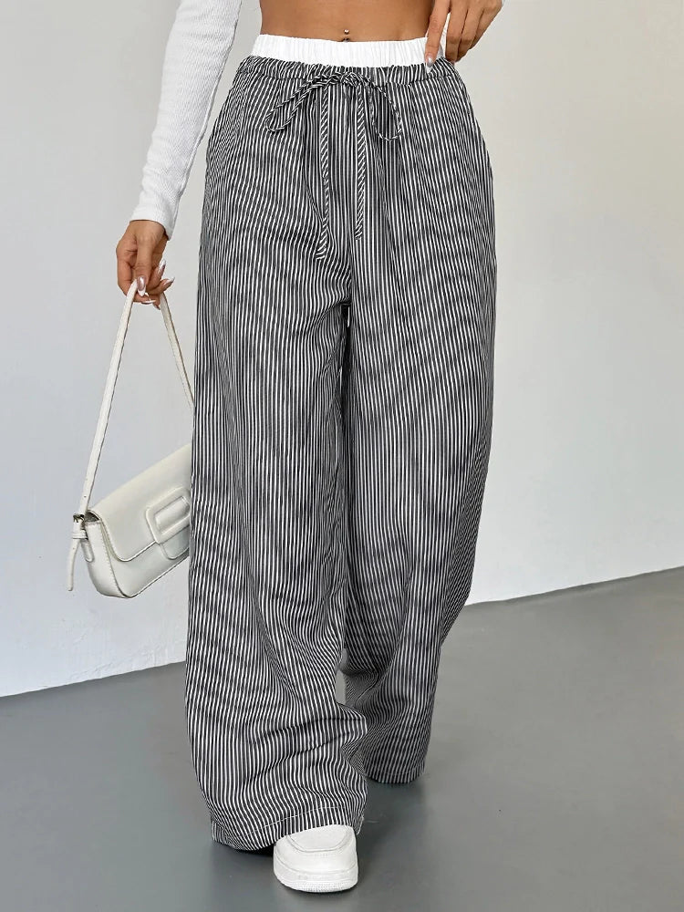 Women's Striped High Waist Wide Leg Pants Loose Color Block Straight Leg Suit Trousers
